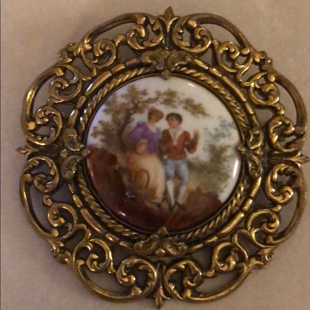 Vintage Brooch 3” Gold with a hand painted picture